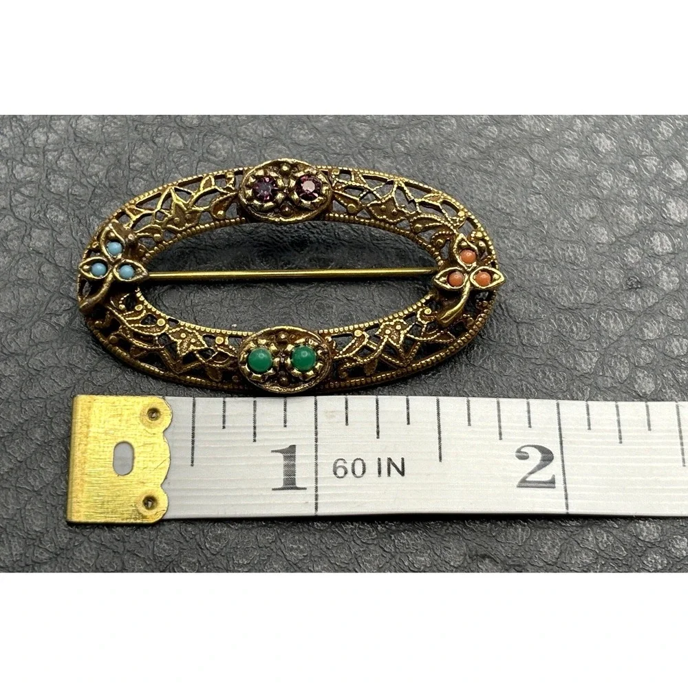 Vintage 1928 Brand Gold Tone Filigree Oval Brooch Etruscan - Victorian Style